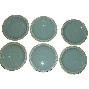 Harkerware Saucers Lot of 6 Vintage Pottery Chesterson Blue White 6-1/4"